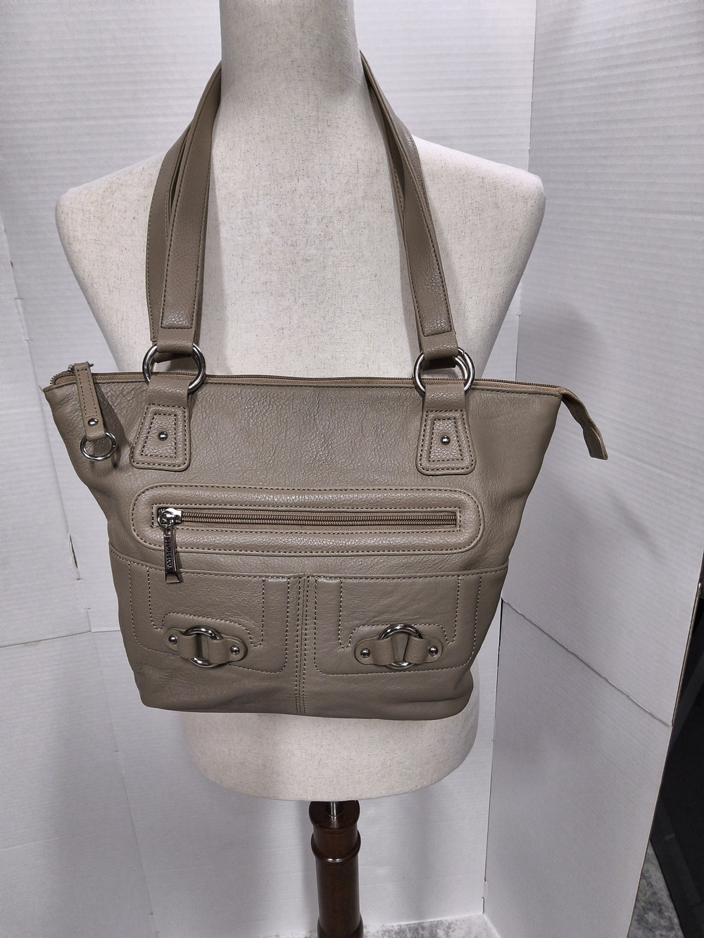 Preloved Stone & Co. Taupe Leather Shoulder Tote with Front Pockets